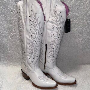 Rock'em Tall White Rhinestone Wide Calf Snip Toe Western Cowgirl Boots